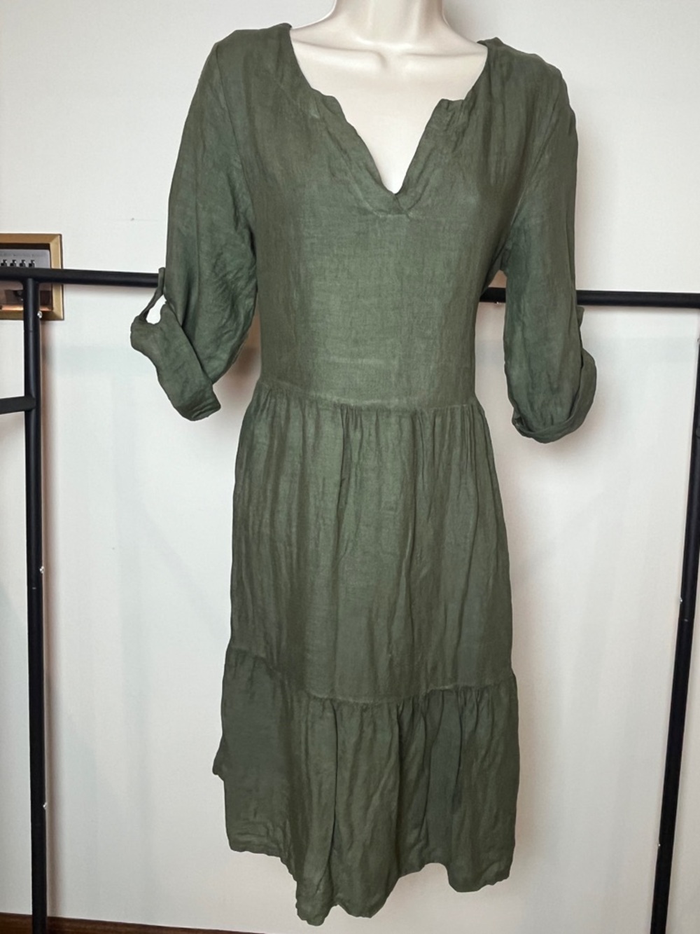 Francesca Bettini Olive Green Linen Tiered Midi Dress Cottagecore Lightweight